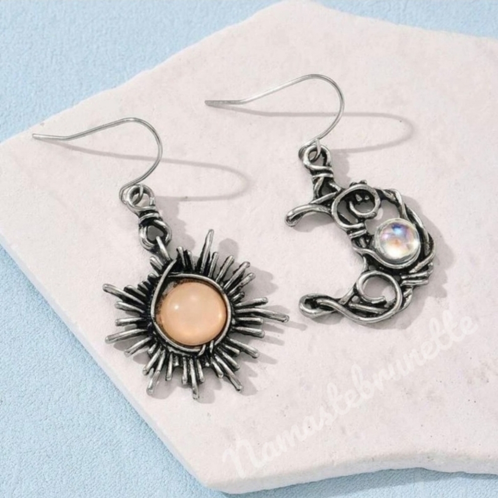 Sun & Moon Silver Wire Wrapped Stone Dangle Drop Earrings - Picture 4 of 15